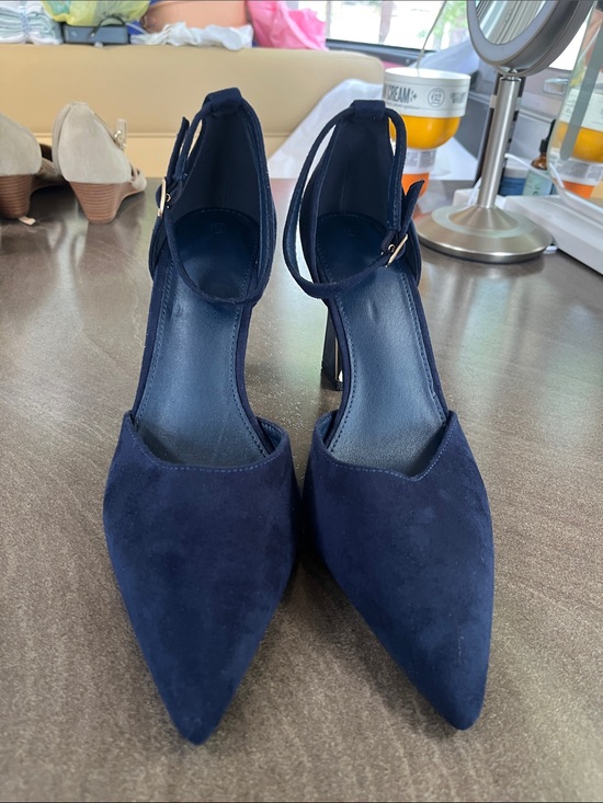 Shoes - Women’s Navy Pointed Toe Ankle Strap Heels